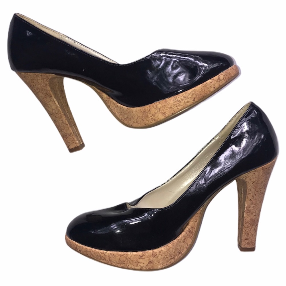 NWOT Black Patent Shoes High Heels Cork Platforms